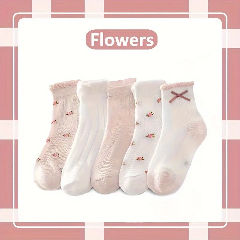 10 Pairs of Adorable Cartoon Patterned Ankle Socks - Soft, Breathable, Comfy, and Moisture-Wicking for Girls Spring and Summer Wear - Cotton Blend, Knit Fabric, Low-Cut Design