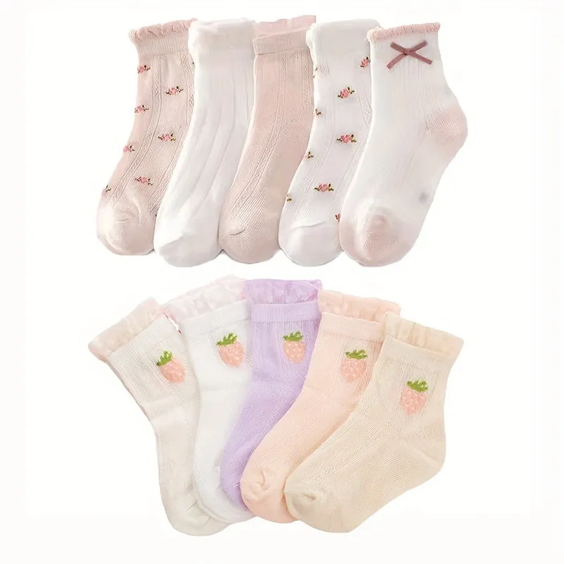 10 Pairs of Adorable Cartoon Patterned Ankle Socks - Soft, Breathable, Comfy, and Moisture-Wicking for Girls Spring and Summer Wear - Cotton Blend, Knit Fabric, Low-Cut Design