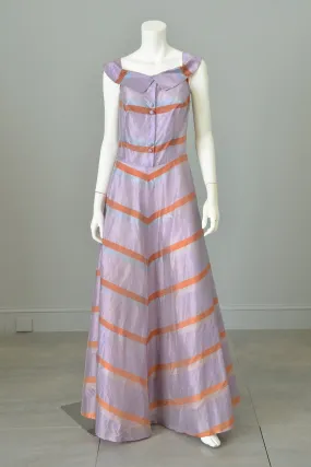 1940s 50s Lilac and Copper Metallic Chevron Jumper Style Gown