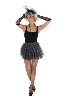 5 Piece 1980s Pop Set - Leopard Tutu, Wig with Lace Bow, Fishnet Gloves, Fishnet Tights & Bead Necklace