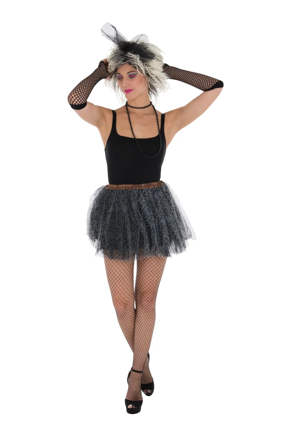 5 Piece 1980s Pop Set - Leopard Tutu, Wig with Lace Bow, Fishnet Gloves, Fishnet Tights & Bead Necklace