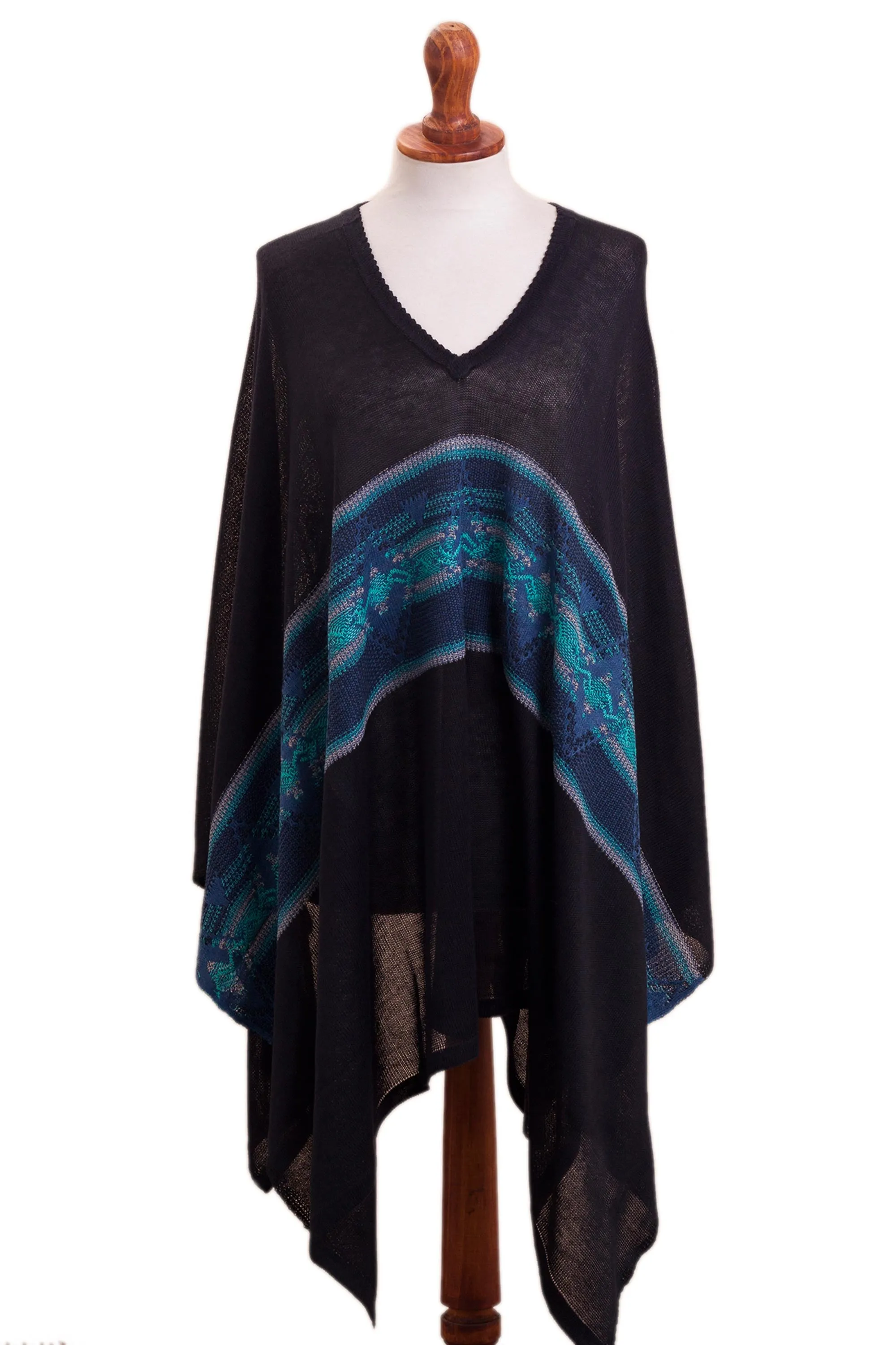 Artisan Crafted Cotton Blend Poncho in Black and Blue - Seasonal Escape | NOVICA