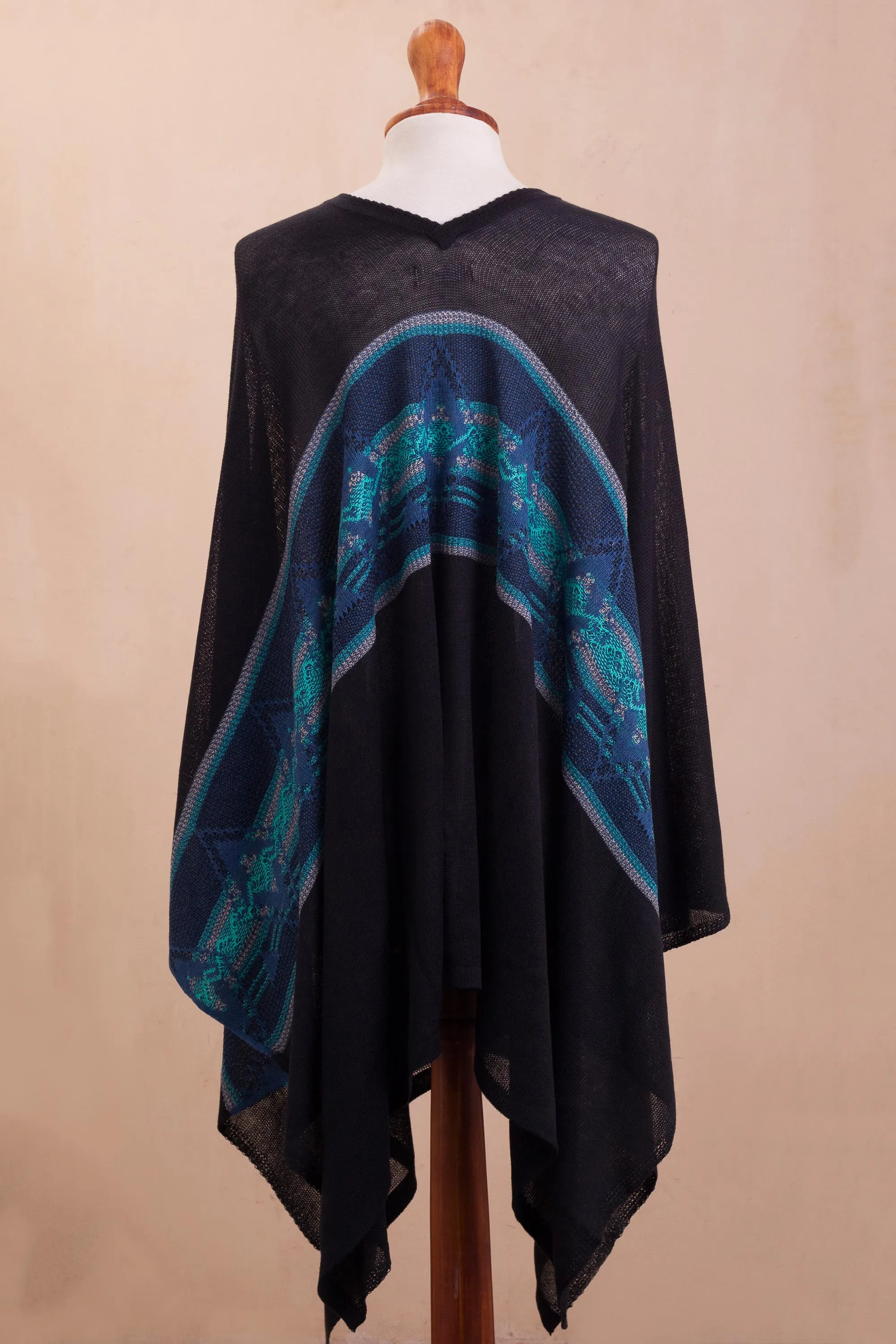 Artisan Crafted Cotton Blend Poncho in Black and Blue - Seasonal Escape | NOVICA