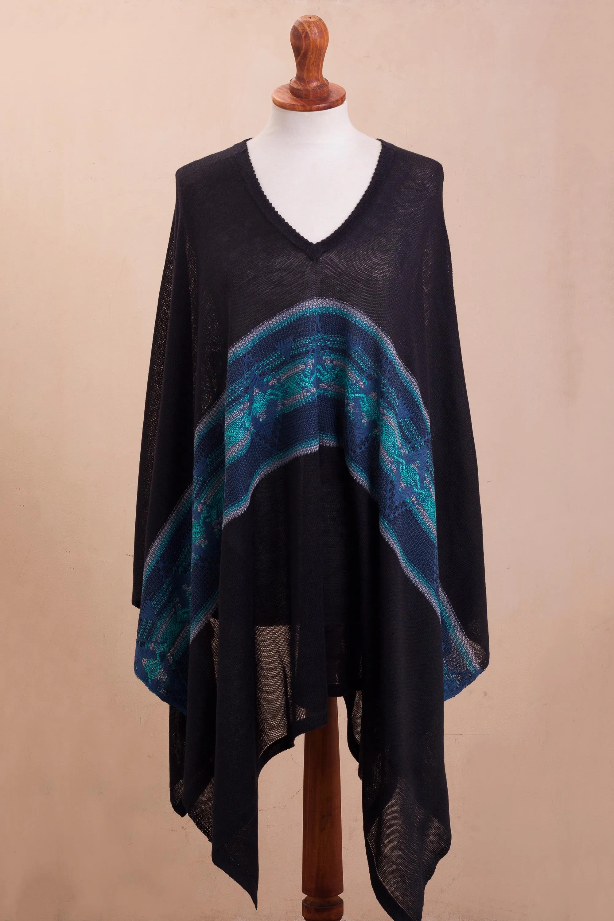 Artisan Crafted Cotton Blend Poncho in Black and Blue - Seasonal Escape | NOVICA