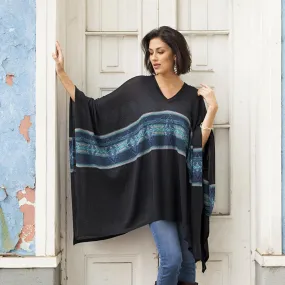 Artisan Crafted Cotton Blend Poncho in Black and Blue - Seasonal Escape | NOVICA