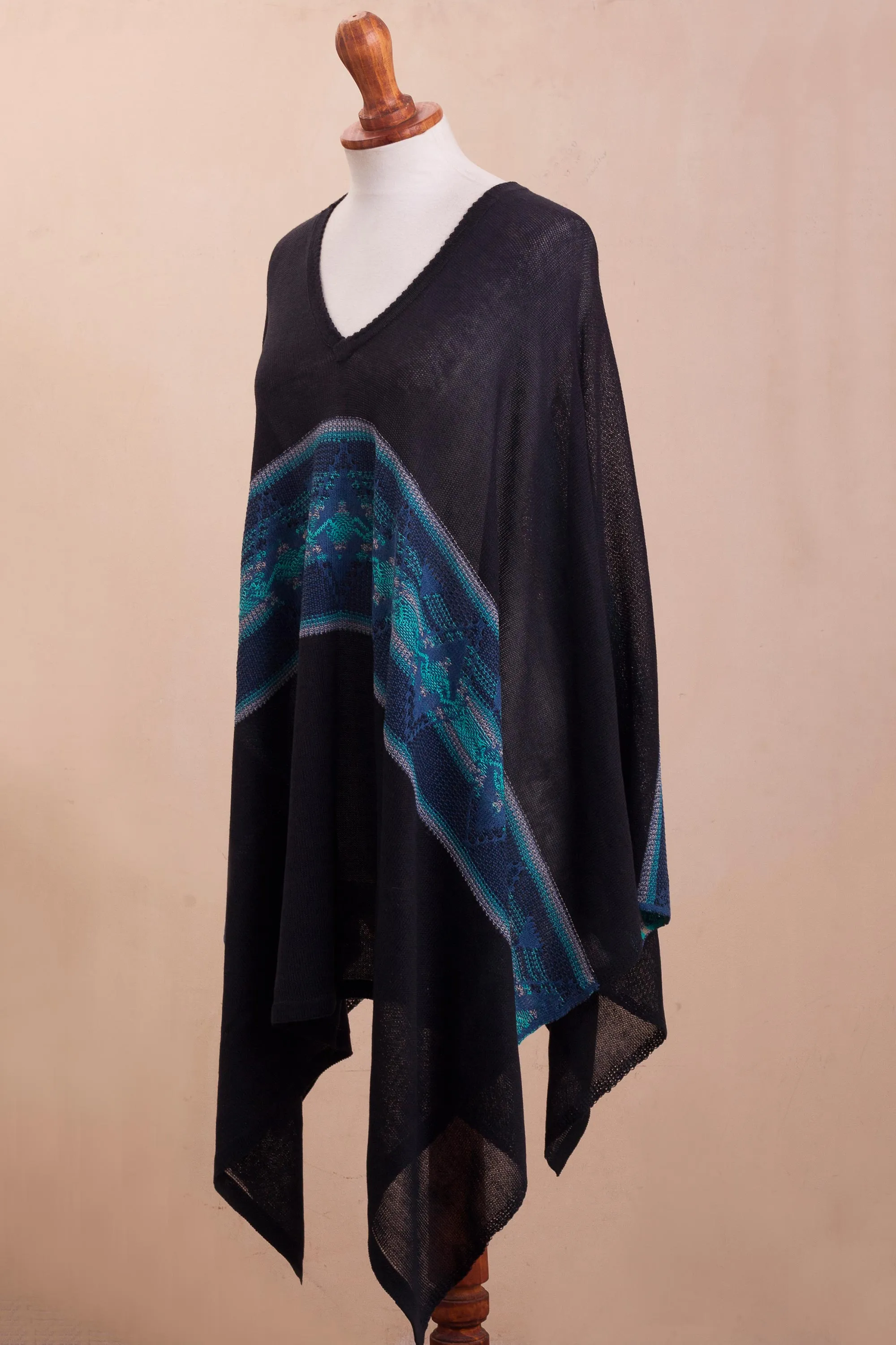 Artisan Crafted Cotton Blend Poncho in Black and Blue - Seasonal Escape | NOVICA