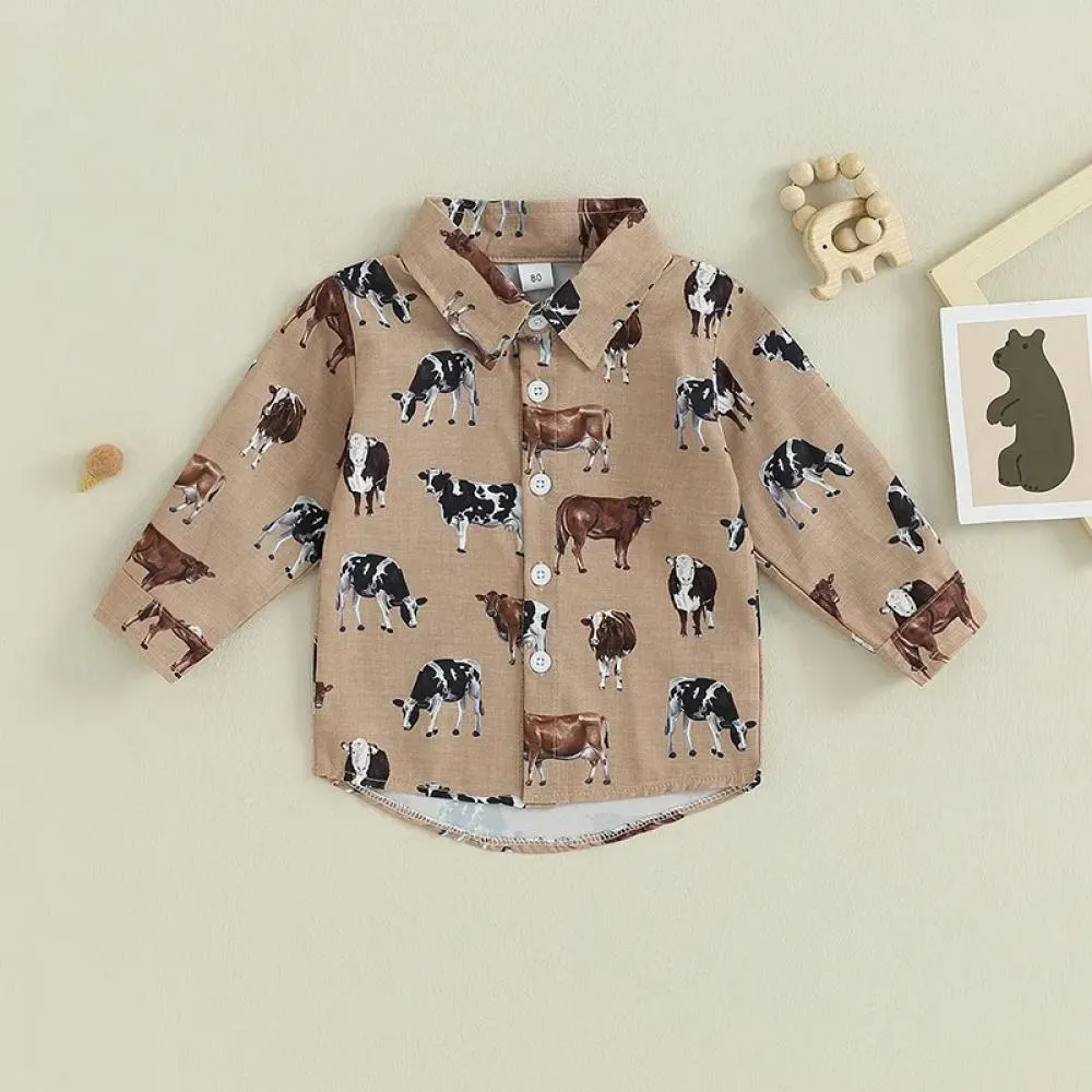 Autumn Boys' Western Cow Print Shirt Children's Long Sleeve Lapel Single breasted Shirt Baby Wholesale Clothing