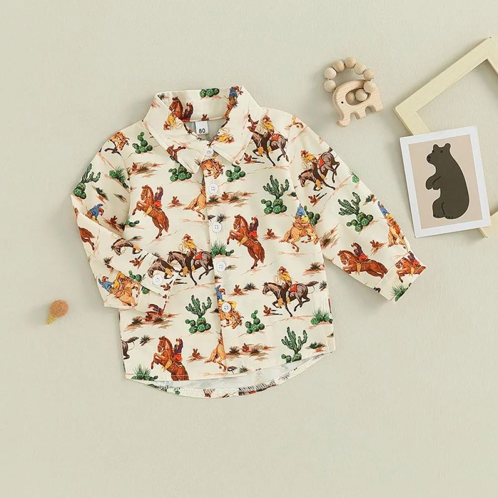 Autumn Boys' Western Cow Print Shirt Children's Long Sleeve Lapel Single breasted Shirt Baby Wholesale Clothing