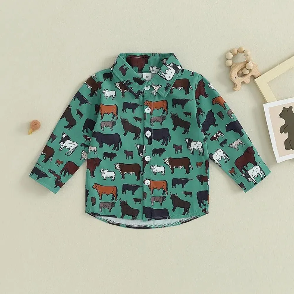 Autumn Boys' Western Cow Print Shirt Children's Long Sleeve Lapel Single breasted Shirt Baby Wholesale Clothing