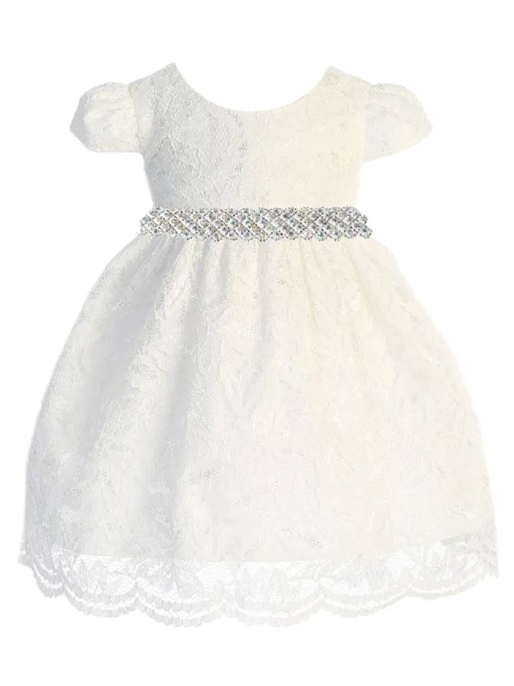 Baby Girls Ivory Lace Thick Rhinestone Trim Flower Girl Dress 3-24 Months