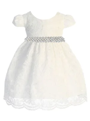 Baby Girls Ivory Lace Thick Rhinestone Trim Flower Girl Dress 3-24 Months
