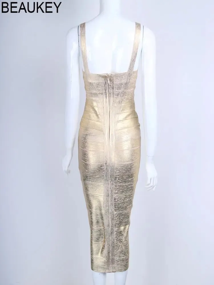 BEAUKEY Metallic Gold Silver Spaghetti Strap HL Bandage Dress Women Sexy Midi Cocktail Dress Bodycon Party Club Vestido XL