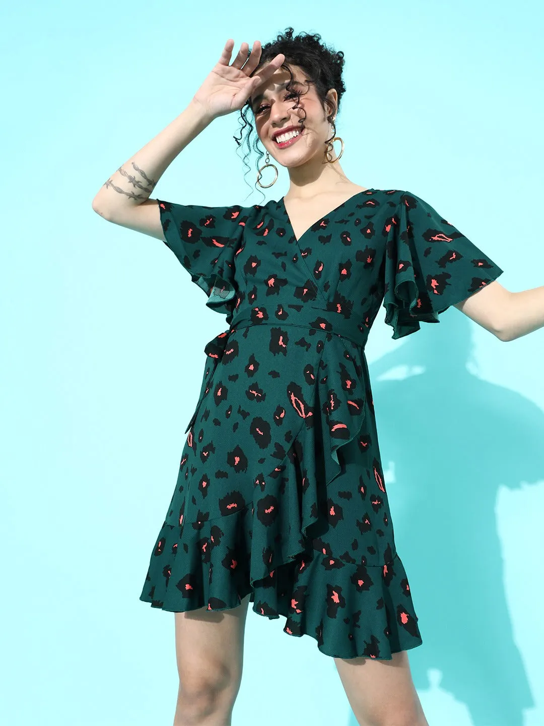 Berrylush Women Green Leopard Printed Self-Tie Fit & Flare Mini Dress