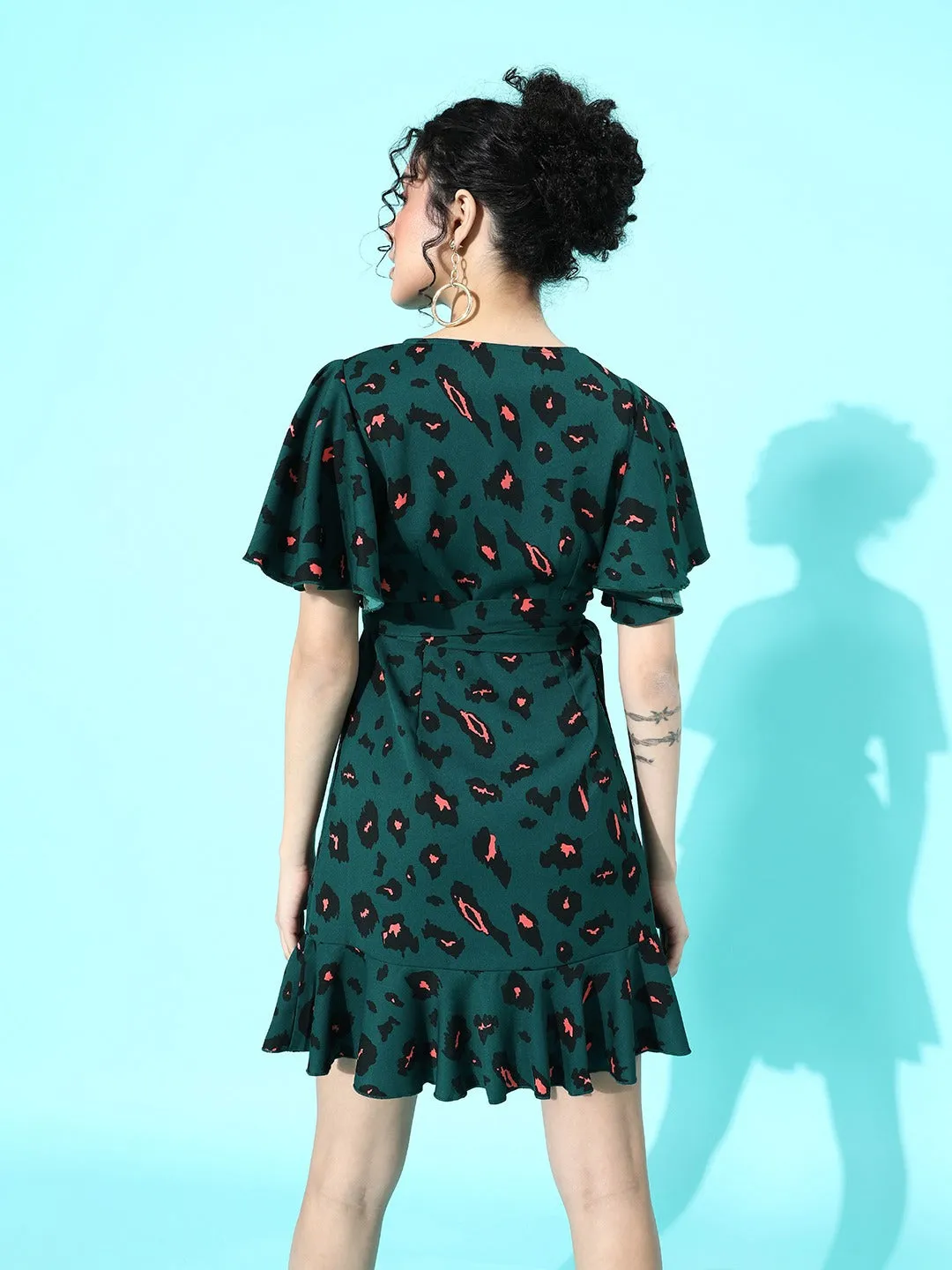Berrylush Women Green Leopard Printed Self-Tie Fit & Flare Mini Dress