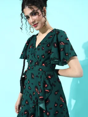 Berrylush Women Green Leopard Printed Self-Tie Fit & Flare Mini Dress