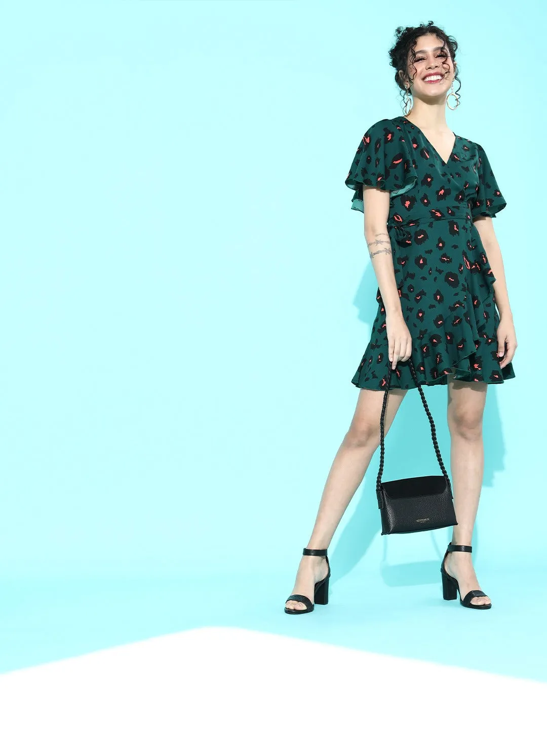 Berrylush Women Green Leopard Printed Self-Tie Fit & Flare Mini Dress