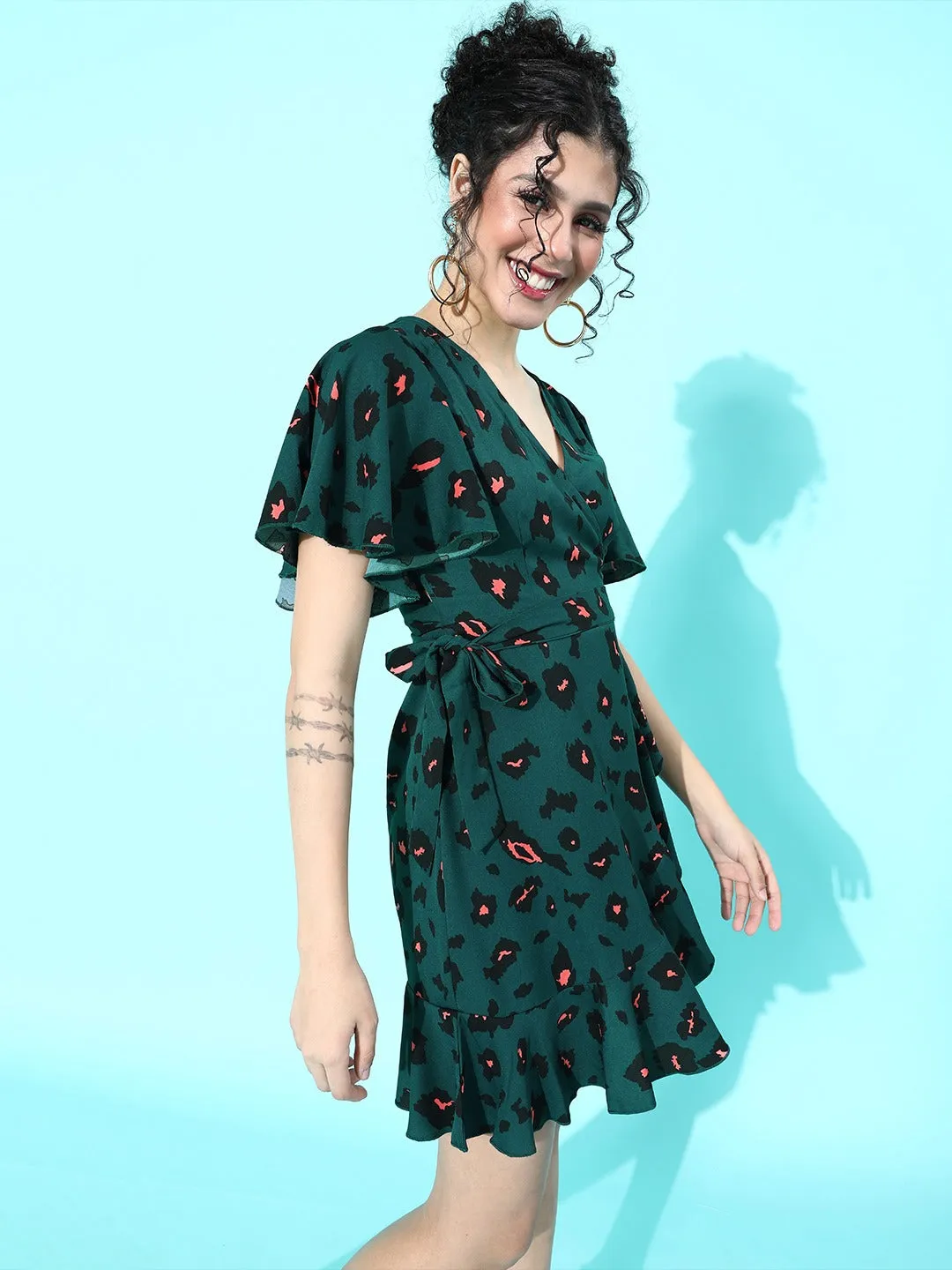 Berrylush Women Green Leopard Printed Self-Tie Fit & Flare Mini Dress