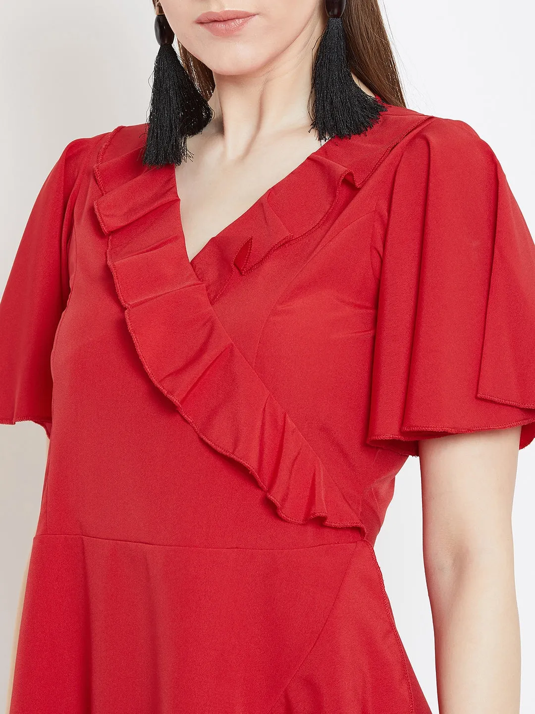 Berrylush Women Solid Red V-Neck Waist Tie-Up Flared Wrap Mini Dress