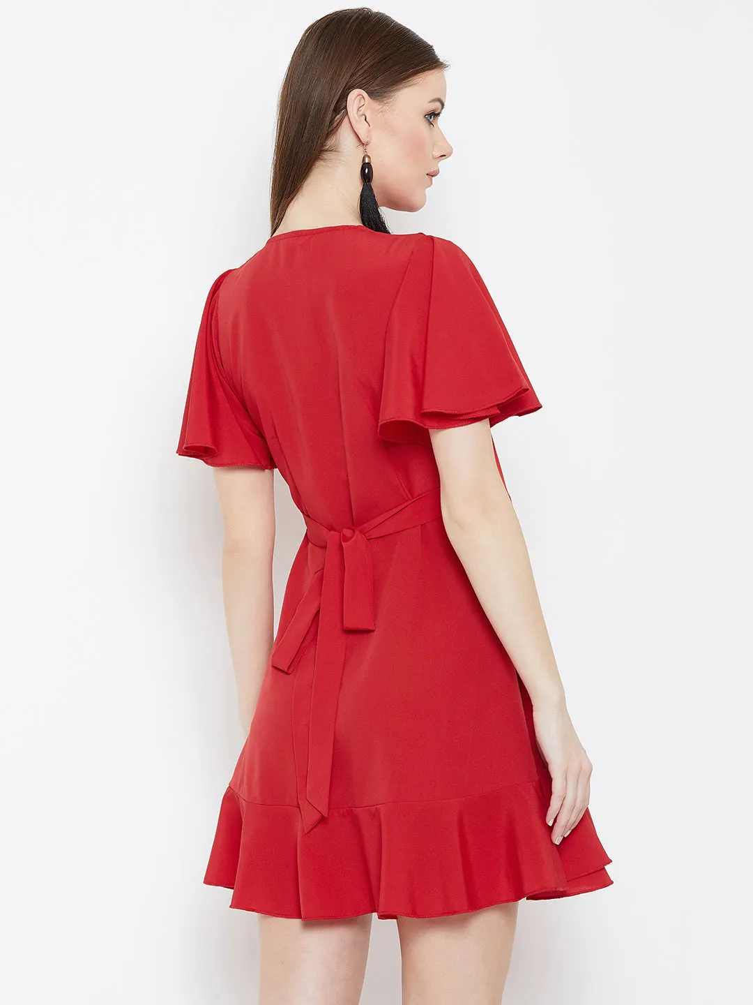 Berrylush Women Solid Red V-Neck Waist Tie-Up Flared Wrap Mini Dress