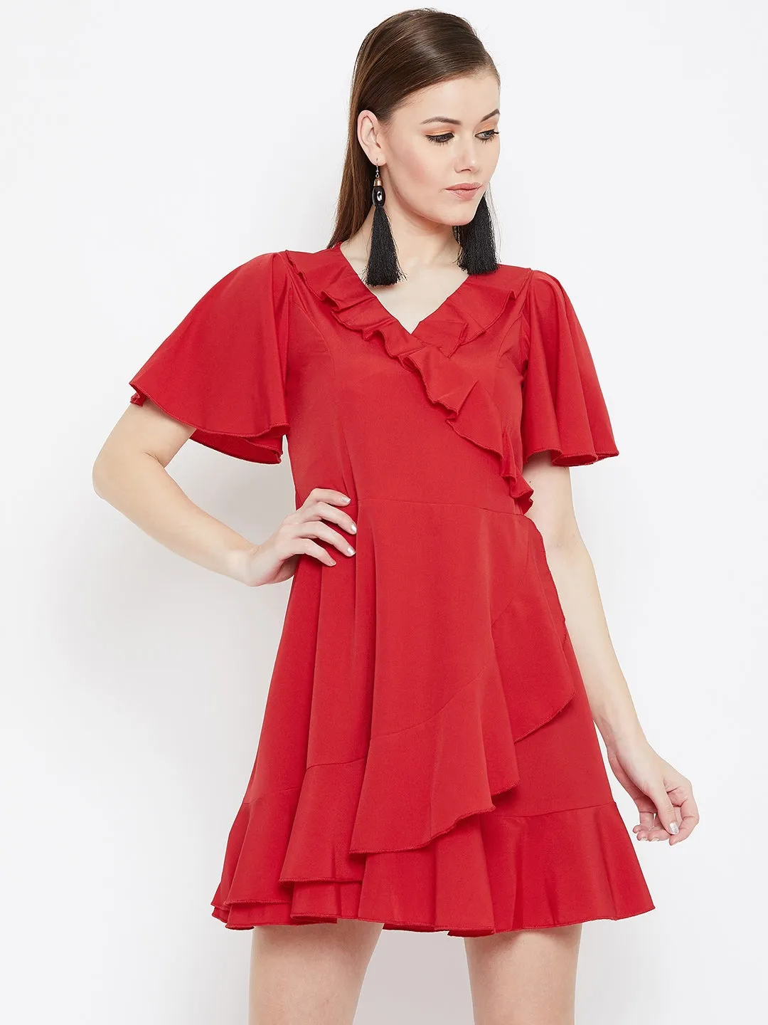 Berrylush Women Solid Red V-Neck Waist Tie-Up Flared Wrap Mini Dress