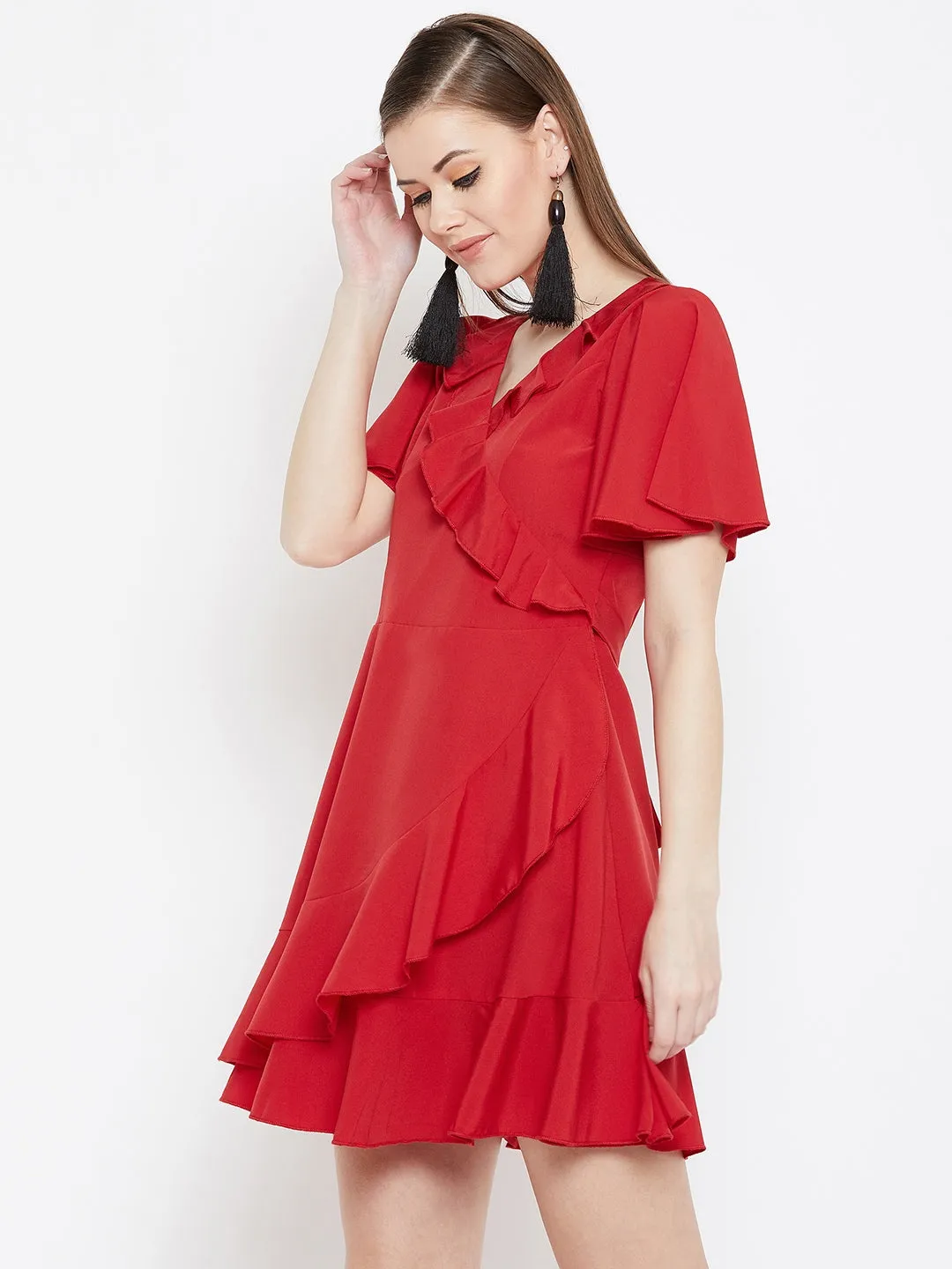 Berrylush Women Solid Red V-Neck Waist Tie-Up Flared Wrap Mini Dress