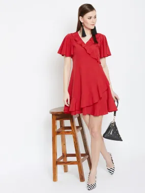 Berrylush Women Solid Red V-Neck Waist Tie-Up Flared Wrap Mini Dress