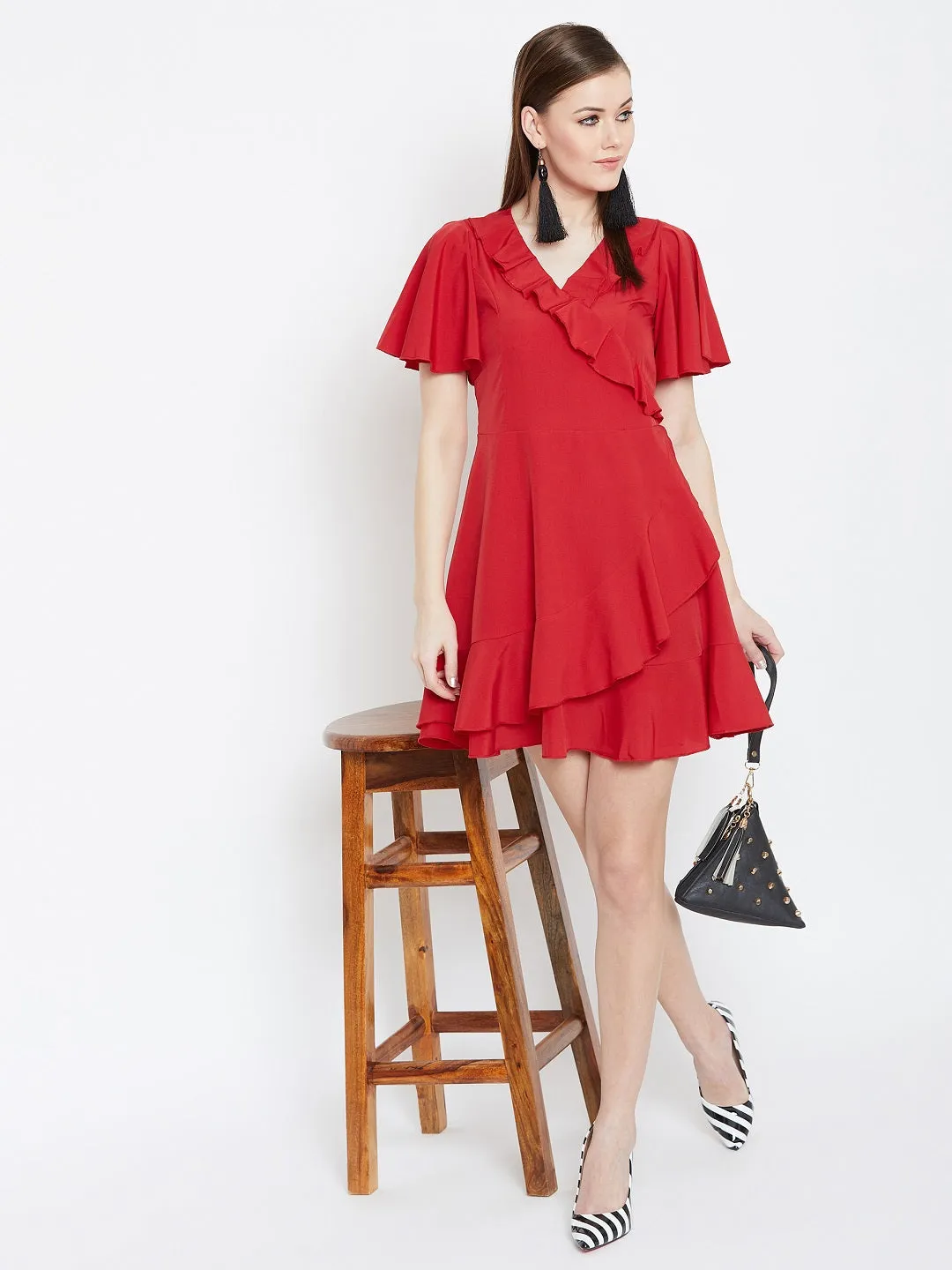 Berrylush Women Solid Red V-Neck Waist Tie-Up Flared Wrap Mini Dress