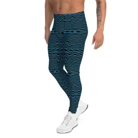 Black Blue Curvy Men's Leggings, Great Wave Abstract Pattern Yoga Leggings-Made In USA/EU/MX