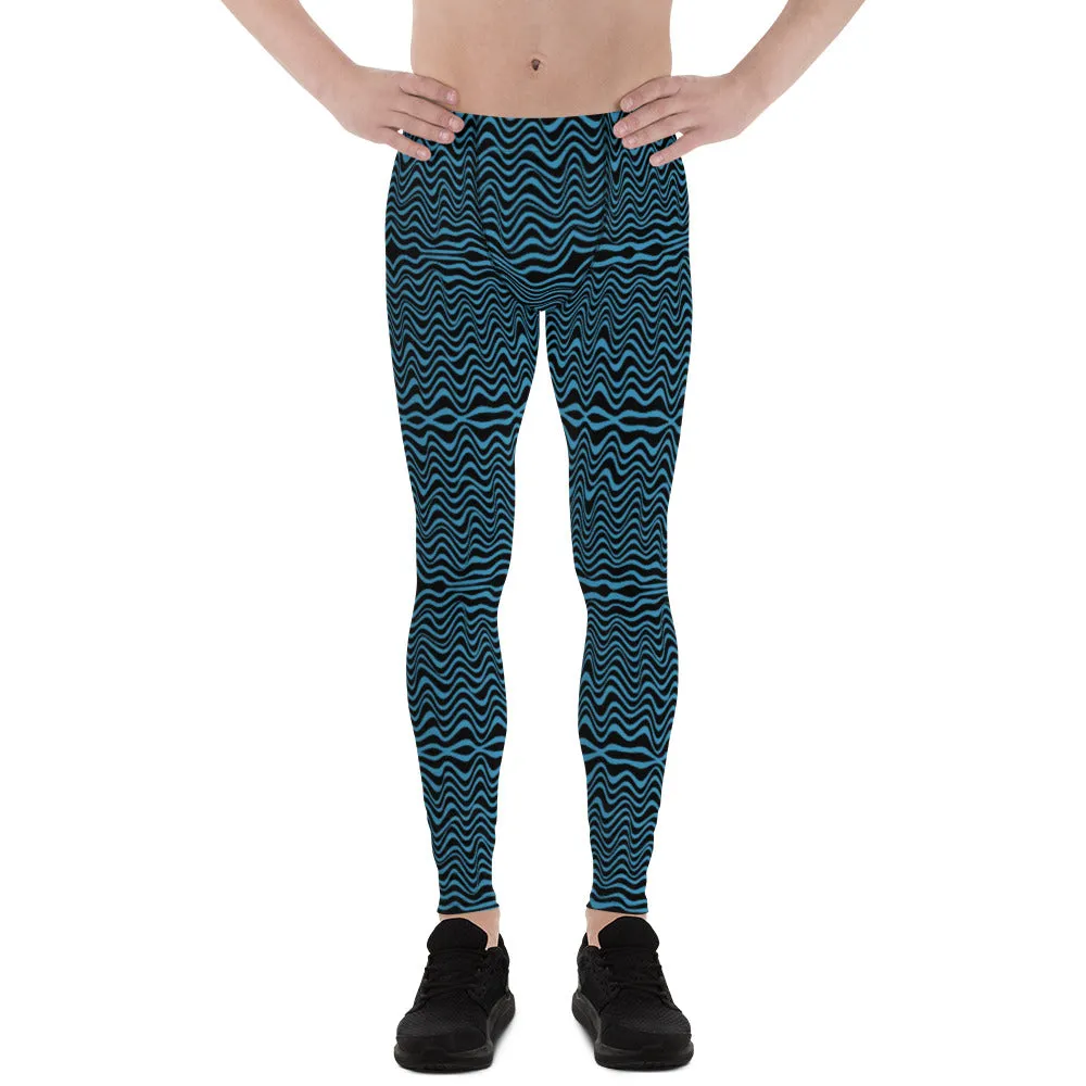 Black Blue Curvy Men's Leggings, Great Wave Abstract Pattern Yoga Leggings-Made In USA/EU/MX
