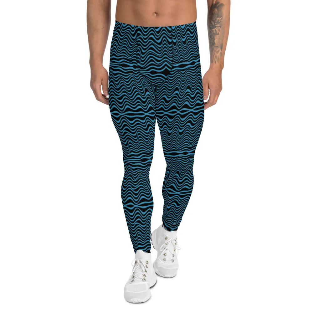 Black Blue Curvy Men's Leggings, Great Wave Abstract Pattern Yoga Leggings-Made In USA/EU/MX