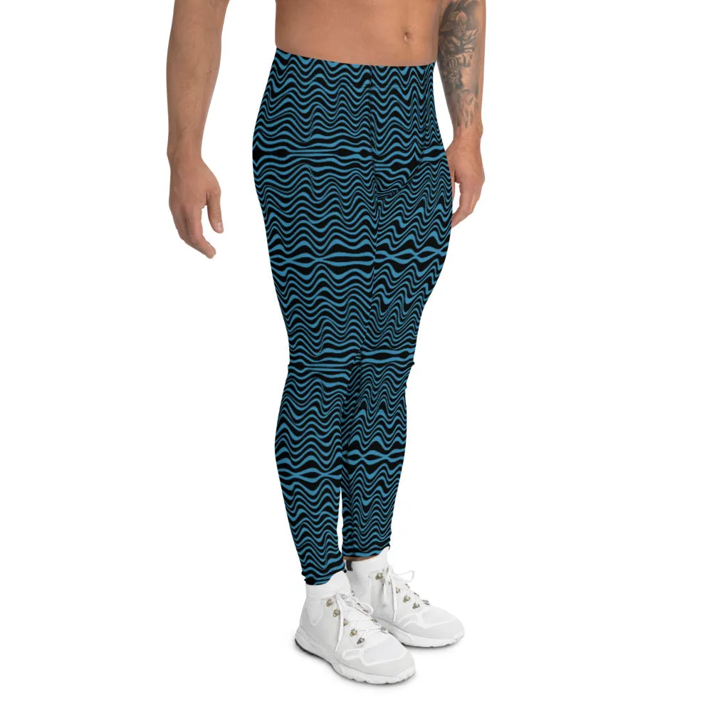 Black Blue Curvy Men's Leggings, Great Wave Abstract Pattern Yoga Leggings-Made In USA/EU/MX