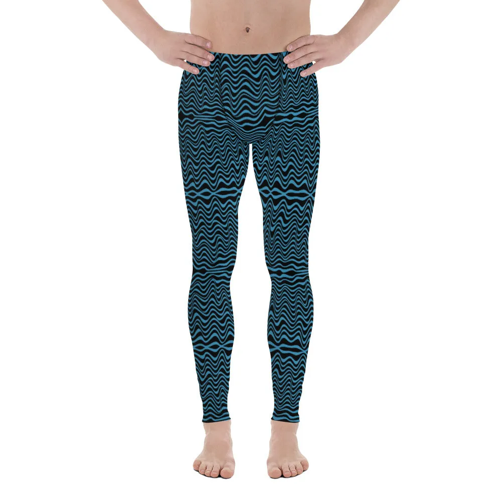 Black Blue Curvy Men's Leggings, Great Wave Abstract Pattern Yoga Leggings-Made In USA/EU/MX