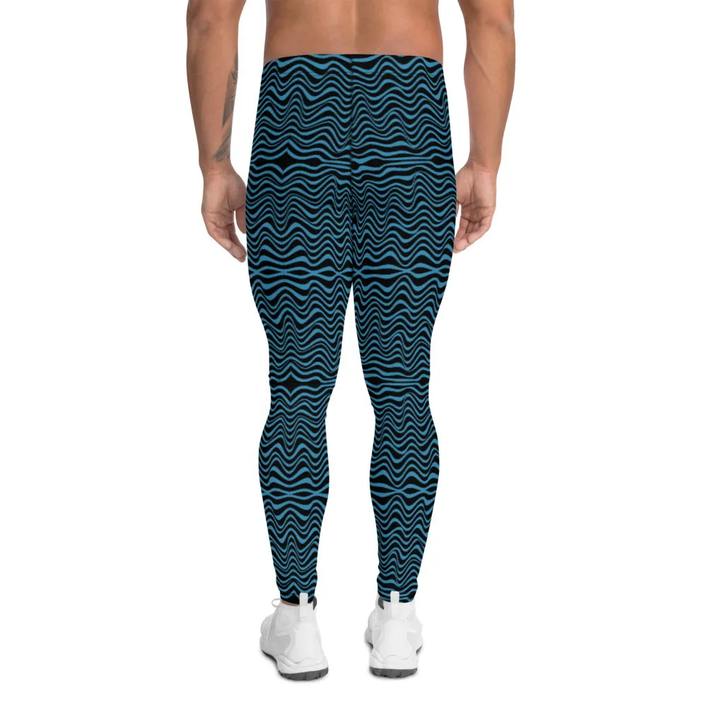Black Blue Curvy Men's Leggings, Great Wave Abstract Pattern Yoga Leggings-Made In USA/EU/MX