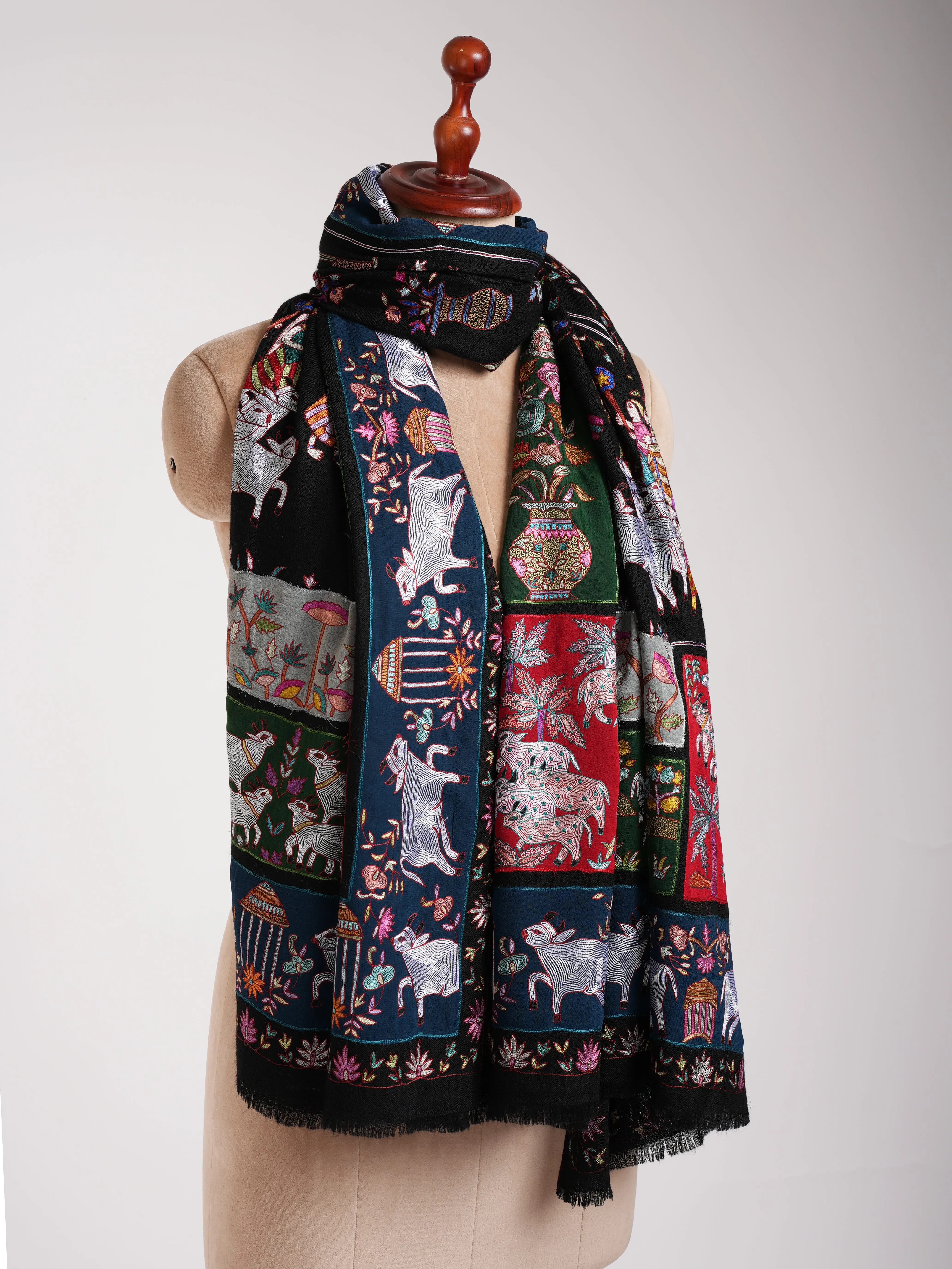 Black Indian Pashmina Shawl with Art Silk Embroidery
