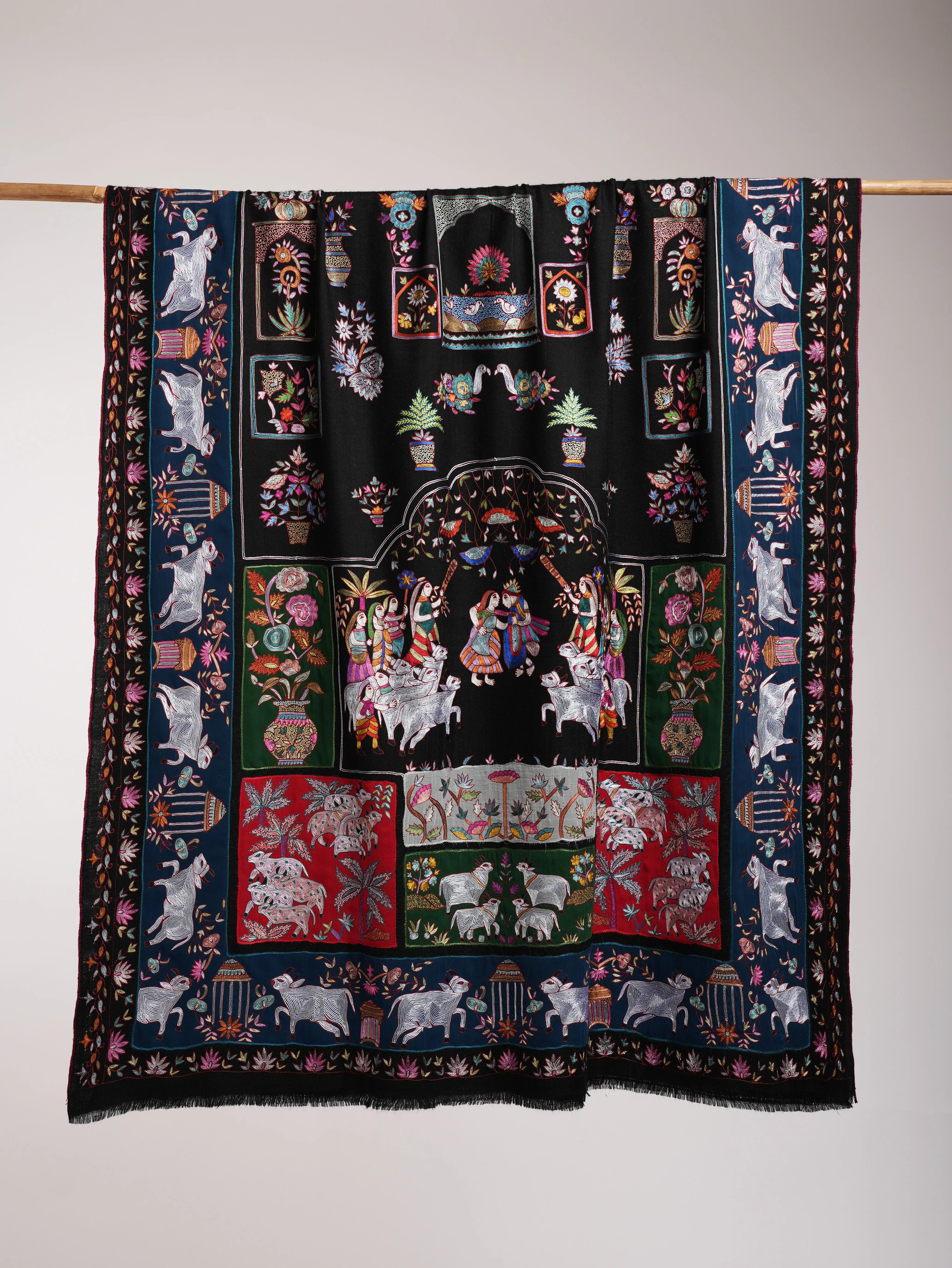 Black Indian Pashmina Shawl with Art Silk Embroidery