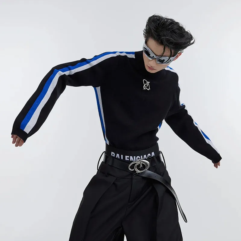 Black Striped Sleeve Polyester Sweater
