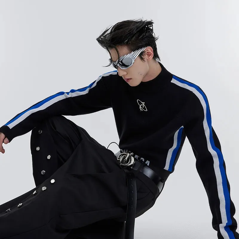 Black Striped Sleeve Polyester Sweater