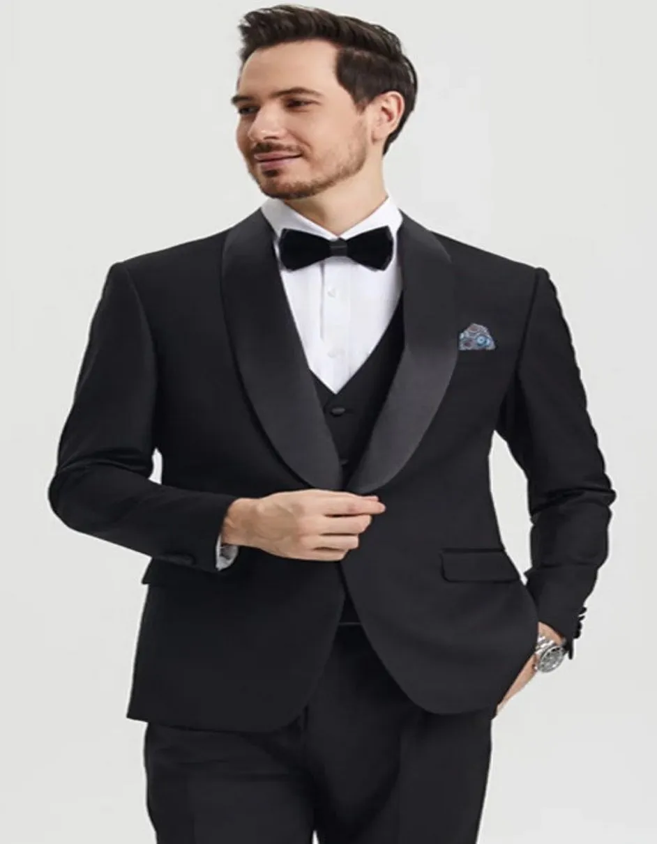 Black Tuxedo - Mens Wedding Suit Vested One Button - Black Prom Suit