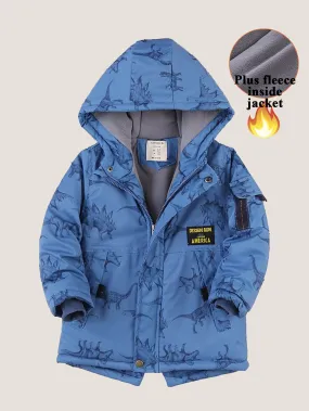 Boys Dinosaur Plush Thickened Multi-Pocket Hooded Warm Cotton-padded Jacket