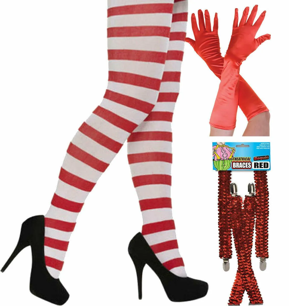 Christmas Red White Tights Sequin Braces Satin Gloves Miss Santa Xmas Fancy Dres