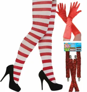 Christmas Red White Tights Sequin Braces Satin Gloves Miss Santa Xmas Fancy Dres