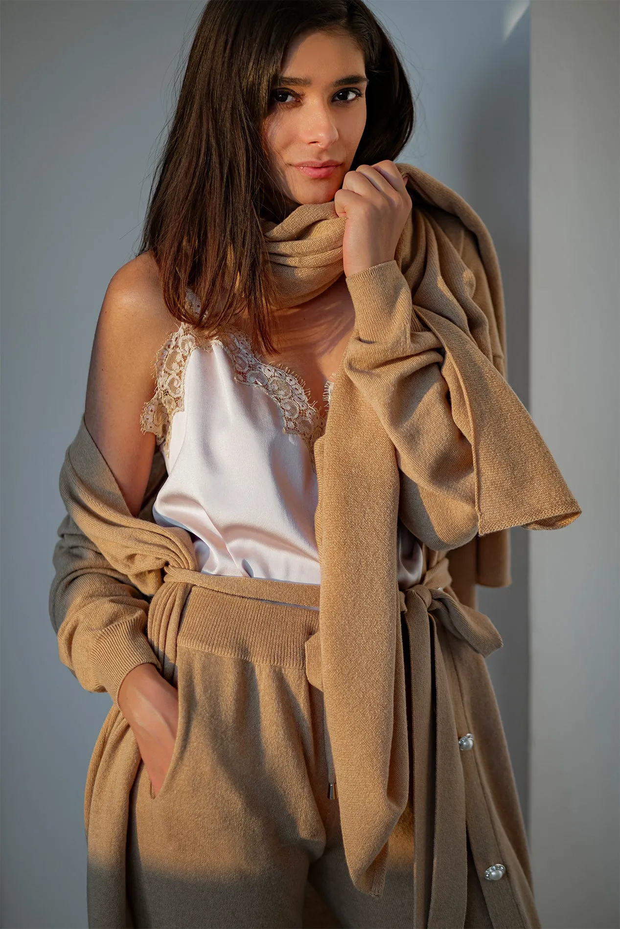 Cipria With Gold Lace Insertions Satin Camisole Top