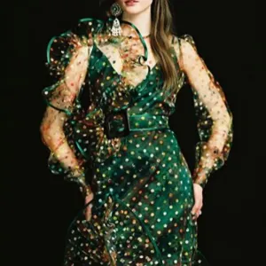 Deep Green Tulle Long Dress With Decor & Belt