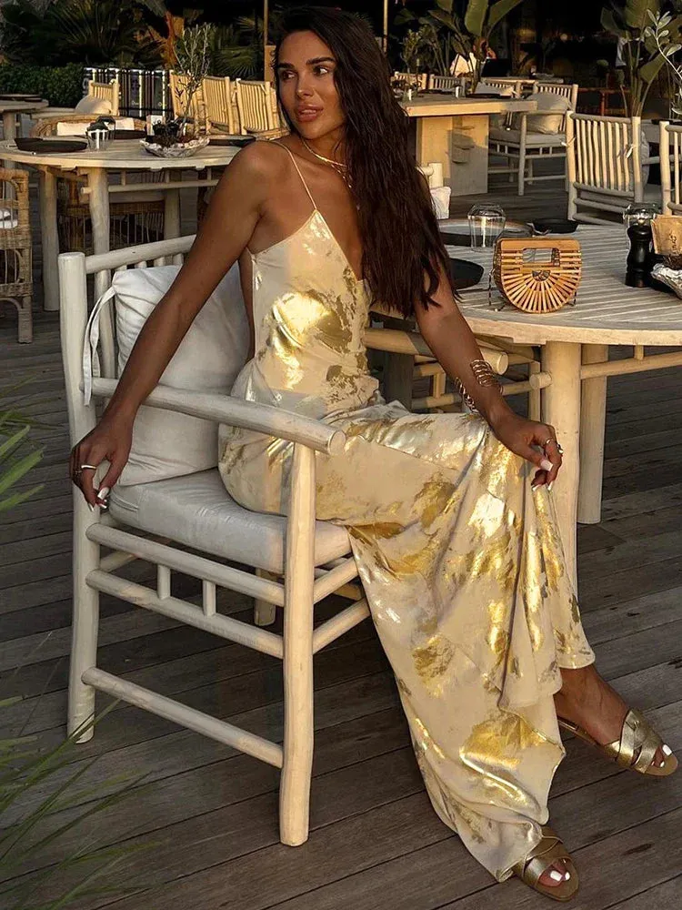 Dulzura Gold Strap V Neck Backless Long Metal Party Club Outfit Summer Floral Dress