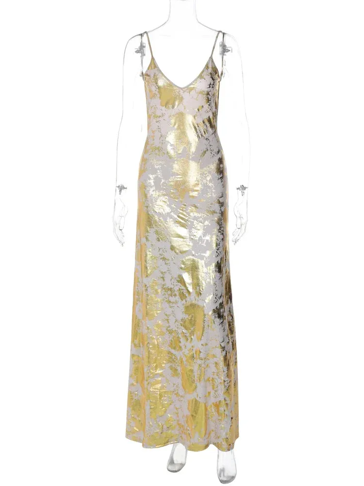 Dulzura Gold Strap V Neck Backless Long Metal Party Club Outfit Summer Floral Dress