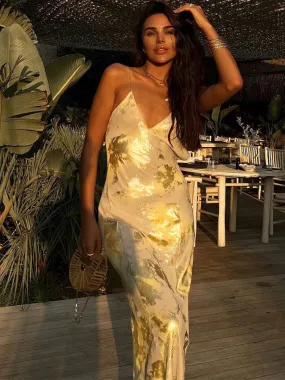 Dulzura Gold Strap V Neck Backless Long Metal Party Club Outfit Summer Floral Dress