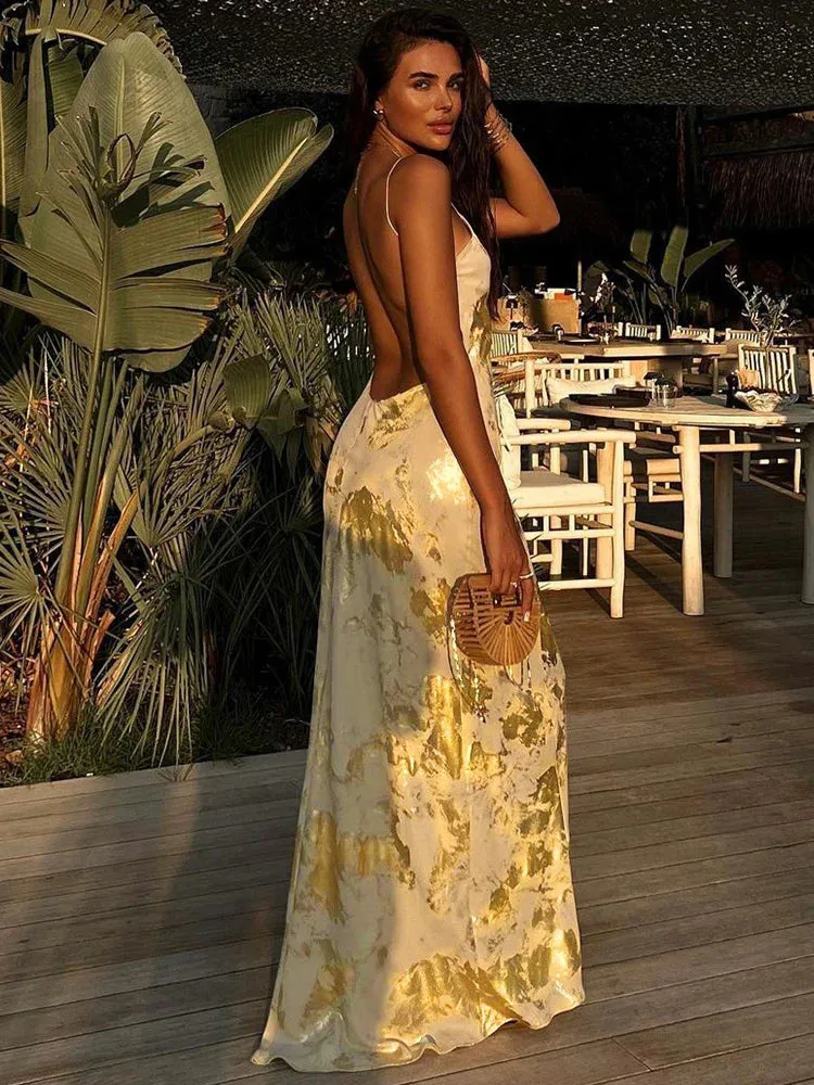 Dulzura Gold Strap V Neck Backless Long Metal Party Club Outfit Summer Floral Dress