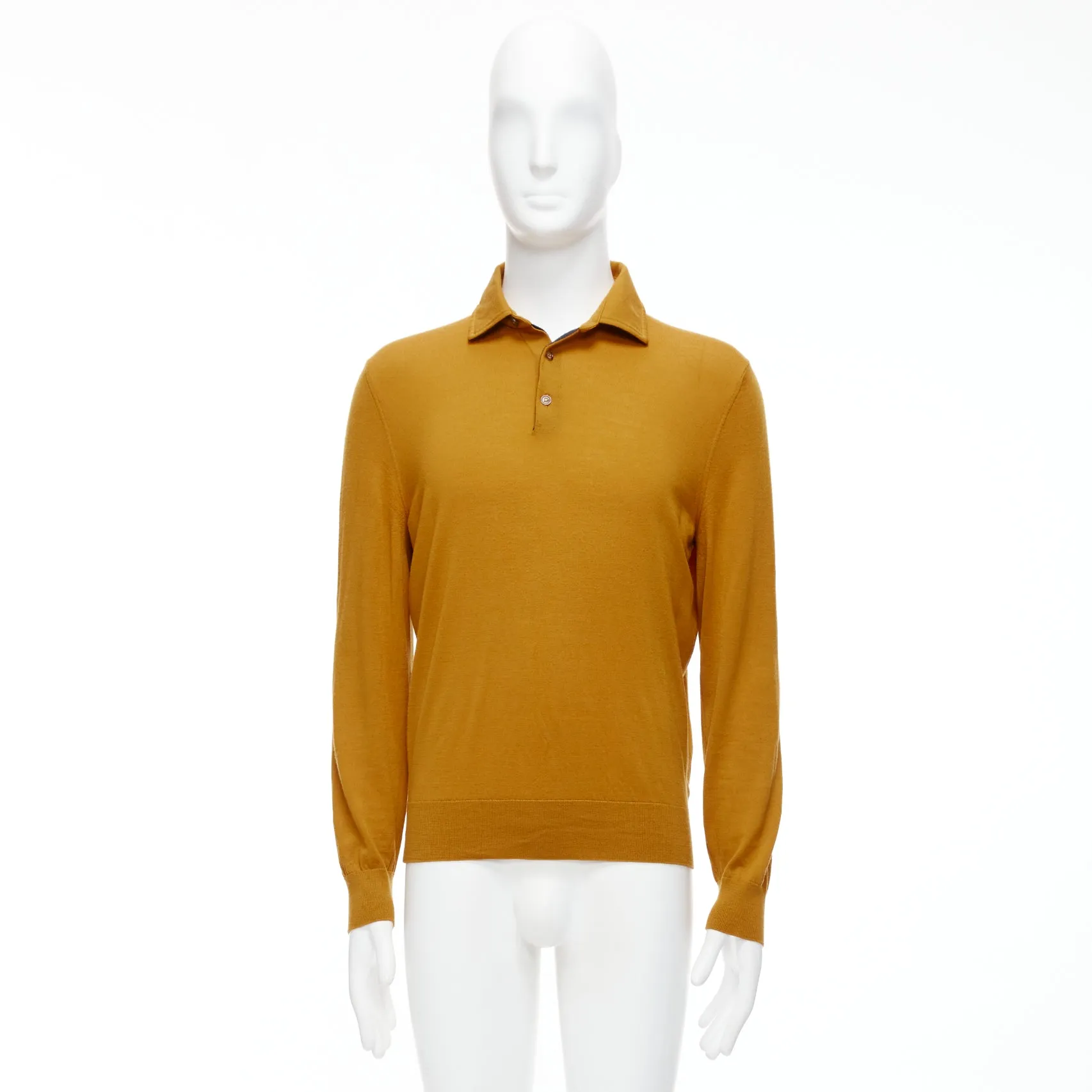 ERMENEGILDO ZEGNA wool cashmere mustard yellow knit polo sweater IT50 L