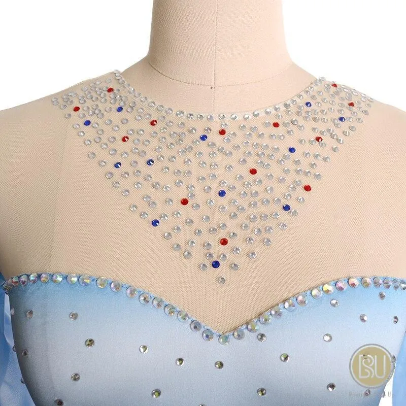 Figure Skating Dress Light Blue Ombre Long Sleeves