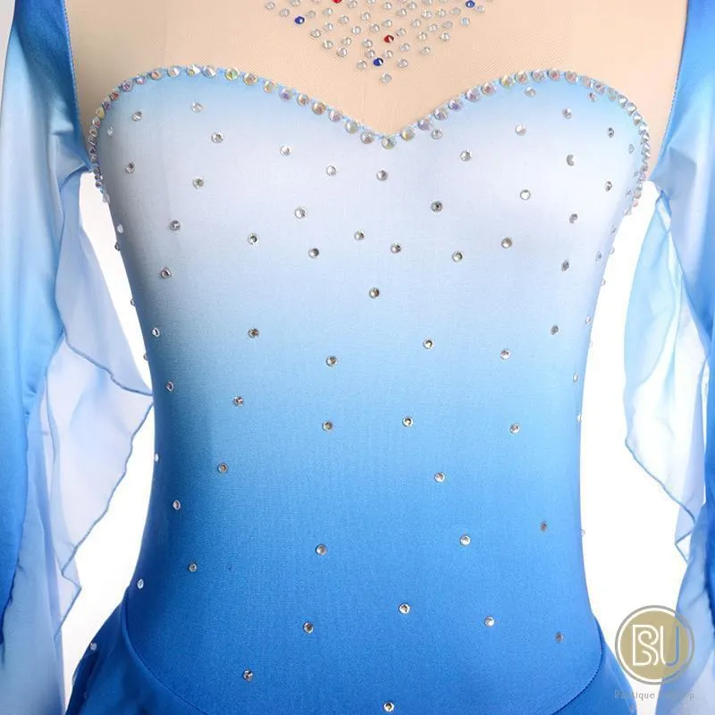Figure Skating Dress Light Blue Ombre Long Sleeves